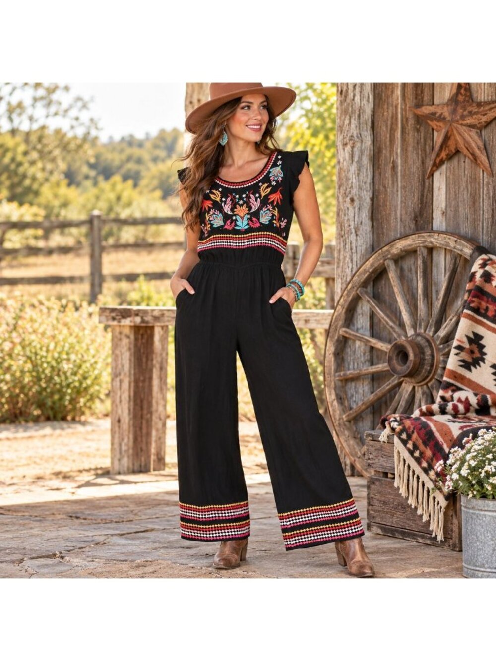 Savanna Jane M Black Embroidered Jumpsuit Boho Western Floral Wide Leg Rayon